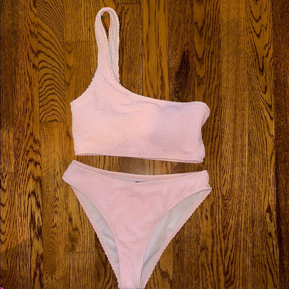 One-Shoulder Pink Textured Bikini Set
